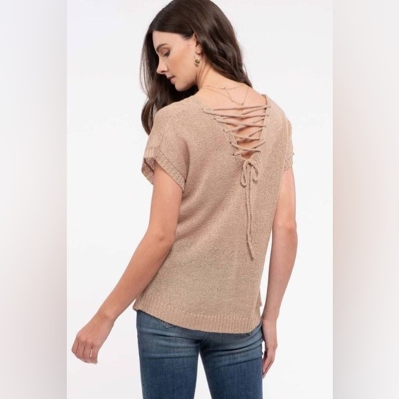 NWT Mine Women's Lace-Up Back Lightweight Knit Short Sleeve Top Sz Small, Taupe - Picture 6 of 9